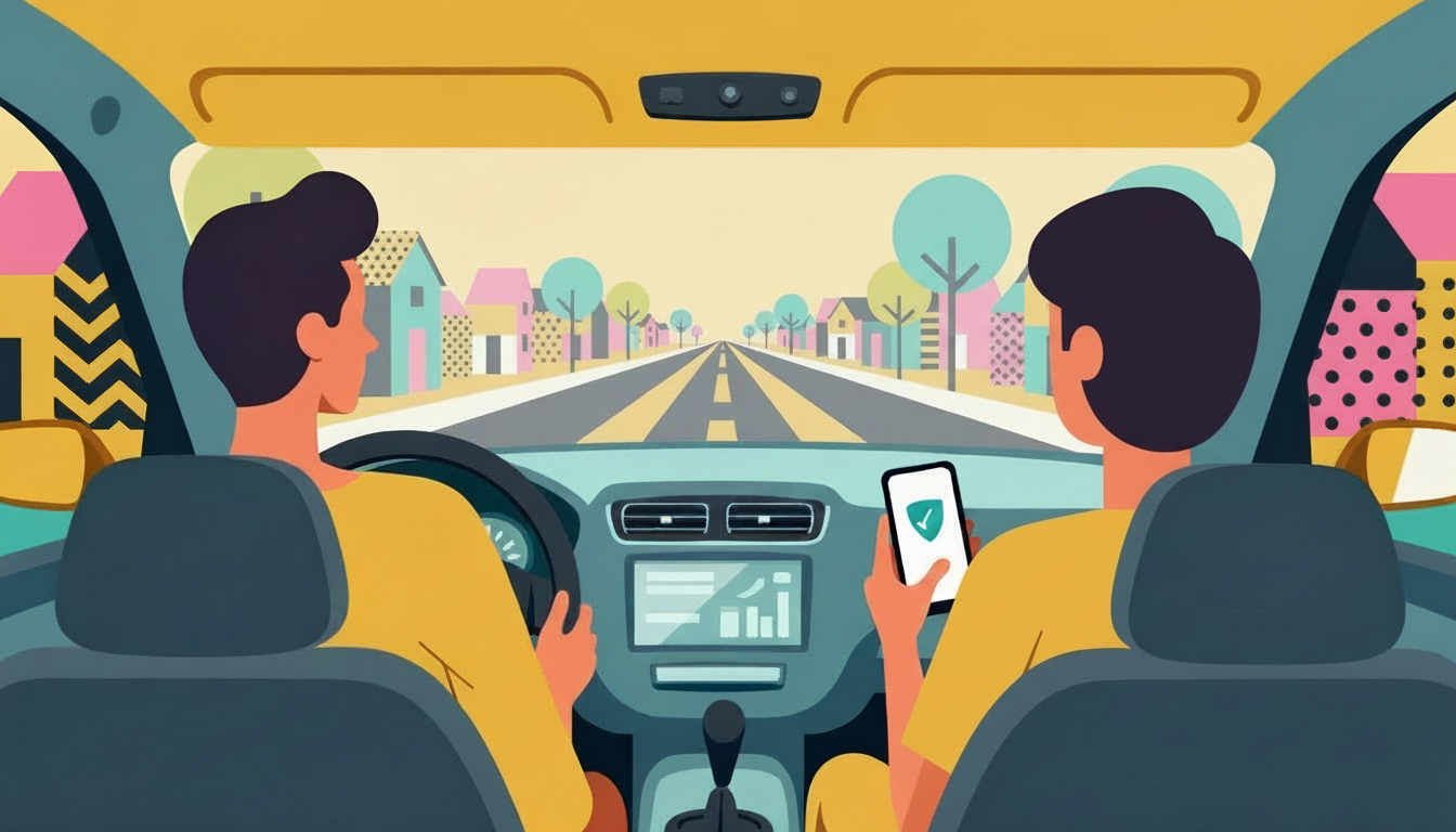 Person in car using smartphone with protection shield icon