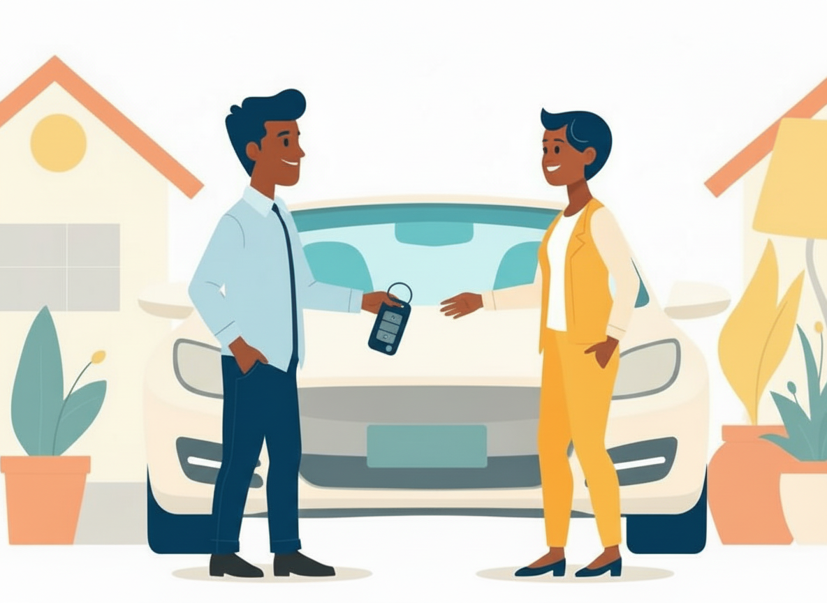 Two people exchanging car keys